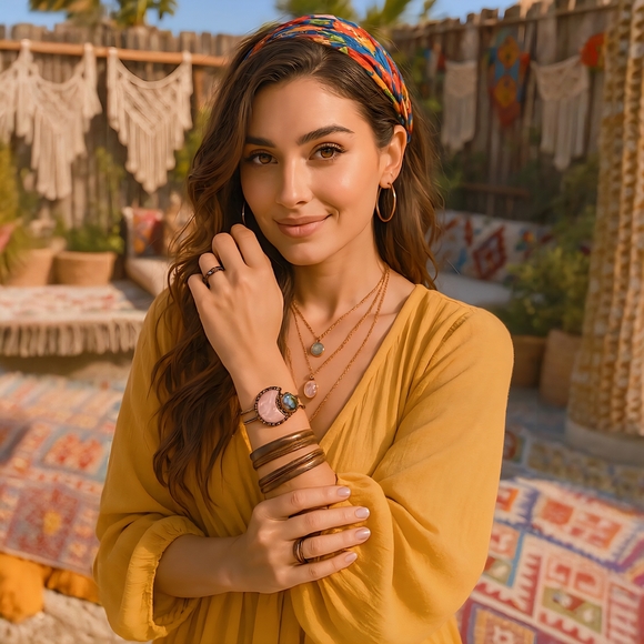 🆕 Pink Rose Quartz & Labradorite Moon Natural Stone Bangle Cuff Bracelet 🌈✨ - Picture 12 of 15